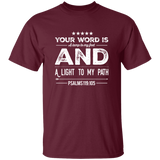 Bible Verse Men 5.3 oz. T-Shirt - "Psalm 119:105" Design 16 (White Font) - Meditate Healing Christian Store