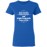 Bible Verse Ladies' 5.3 oz. T-Shirt - "Psalm 119:105" Design 1 (White Font) - Meditate Healing Christian Store