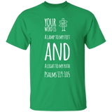 Bible Verse Men 5.3 oz. T-Shirt - "Psalm 119:105" Design 19 (White Font) - Meditate Healing Christian Store
