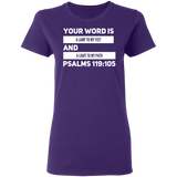 Bible Verse Ladies' 5.3 oz. T-Shirt - "Psalm 119:105" Design 21 (White Font) - Meditate Healing Christian Store