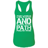Bible Verse Ladies Ideal Racerback Tank - "Psalm 119:105" Design 7 (White Font) - Meditate Healing Christian Store