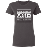 Bible Verse Ladies' 5.3 oz. T-Shirt - "Psalm 119:105" Design 11 (White Font) - Meditate Healing Christian Store