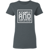 Bible Verse Ladies' 5.3 oz. T-Shirt - "Psalm 119:105" Design 12 (White Font) - Meditate Healing Christian Store