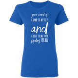 Bible Verse Ladies' 5.3 oz. T-Shirt - "Psalm 119:105" Design 9 (White Font) - Meditate Healing Christian Store