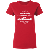 Bible Verse Ladies' 5.3 oz. T-Shirt - "Psalm 119:105" Design 1 (White Font) - Meditate Healing Christian Store