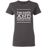Bible Verse Ladies' 5.3 oz. T-Shirt - "Psalm 119:105" Design 10 (White Font) - Meditate Healing Christian Store