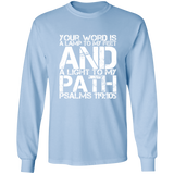 Bible Verse Long Shirt Ultra Cotton T-Shirt - "Psalm 119:105" Design 7 (White Font) - Meditate Healing Christian Store