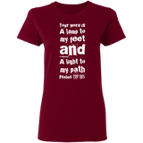 Bible Verse Ladies' 5.3 oz. T-Shirt - "Psalm 119:105" Design 6 (White Font) - Meditate Healing Christian Store
