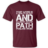 Bible Verse Men 5.3 oz. T-Shirt - "Psalm 119:105" Design 7 (White Font) - Meditate Healing Christian Store