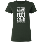Bible Verse Ladies' 5.3 oz. T-Shirt - "Psalm 119:105" Design 4 (White Font) - Meditate Healing Christian Store