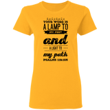 Bible Verse Ladies' 5.3 oz. T-Shirt - "Psalm 119:105" Design 17 (Black Font) - Meditate Healing Christian Store