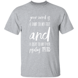 Bible Verse Men 5.3 oz. T-Shirt - "Psalm 119:105" Design 9 (White Font) - Meditate Healing Christian Store