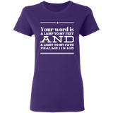 Bible Verse Ladies' 5.3 oz. T-Shirt - "Psalm 119:105" Design 10 (White Font) - Meditate Healing Christian Store