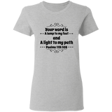 Bible Verse Ladies' 5.3 oz. T-Shirt - "Psalm 119:105" Design 1 (Black Font) - Meditate Healing Christian Store