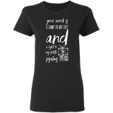 Bible Verse Ladies' 5.3 oz. T-Shirt - "Psalm 119:105" Design 18 (White Font) - Meditate Healing Christian Store