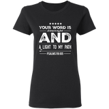 Bible Verse Ladies' 5.3 oz. T-Shirt - "Psalm 119:105" Design 16 (White Font) - Meditate Healing Christian Store