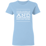 Bible Verse Ladies' 5.3 oz. T-Shirt - "Psalm 119:105" Design 11 (White Font) - Meditate Healing Christian Store