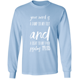 Bible Verse Long Shirt Ultra Cotton T-Shirt - "Psalm 119:105" Design 9 (White Font) - Meditate Healing Christian Store