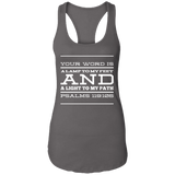 Bible Verse Ladies Ideal Racerback Tank - "Psalm 119:105" Design 11 (White Font) - Meditate Healing Christian Store