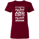 Bible Verse Ladies' 5.3 oz. T-Shirt - "Psalm 119:105" Design 15 (White Font) - Meditate Healing Christian Store