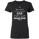 Bible Verse Ladies' 5.3 oz. T-Shirt - "Psalm 119:105" Design 5 (White Font) - Meditate Healing Christian Store