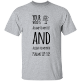 Bible Verse Men 5.3 oz. T-Shirt - "Psalm 119:105" Design 19 (Black Font) - Meditate Healing Christian Store