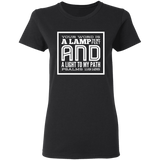 Bible Verse Ladies' 5.3 oz. T-Shirt - "Psalm 119:105" Design 12 (White Font) - Meditate Healing Christian Store