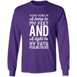 Bible Verse Long Shirt Ultra Cotton T-Shirt - "Psalm 119:105" Design 3 (White Font) - Meditate Healing Christian Store