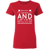 Bible Verse Ladies' 5.3 oz. T-Shirt - "Psalm 119:105" Design 14 (White Font) - Meditate Healing Christian Store