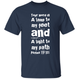 Bible Verse Men 5.3 oz. T-Shirt - "Psalm 119:105" Design 6 (White Font) - Meditate Healing Christian Store