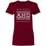 Bible Verse Ladies' 5.3 oz. T-Shirt - "Psalm 119:105" Design 11 (White Font) - Meditate Healing Christian Store