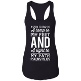 Bible Verse Ladies Ideal Racerback Tank - "Psalm 119:105" Design 3 (White Font) - Meditate Healing Christian Store