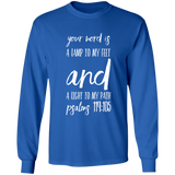 Bible Verse Long Shirt Ultra Cotton T-Shirt - "Psalm 119:105" Design 9 (White Font) - Meditate Healing Christian Store