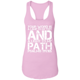 Bible Verse Ladies Ideal Racerback Tank - "Psalm 119:105" Design 7 (White Font) - Meditate Healing Christian Store