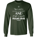 Bible Verse Long Shirt Ultra Cotton T-Shirt - "Psalm 119:105" Design 5 (White Font) - Meditate Healing Christian Store
