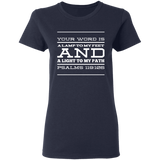Bible Verse Ladies' 5.3 oz. T-Shirt - "Psalm 119:105" Design 11 (White Font) - Meditate Healing Christian Store