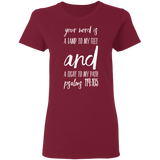 Bible Verse Ladies' 5.3 oz. T-Shirt - "Psalm 119:105" Design 9 (White Font) - Meditate Healing Christian Store