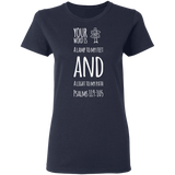 Bible Verse Ladies' 5.3 oz. T-Shirt - "Psalm 119:105" Design 19 (White Font) - Meditate Healing Christian Store