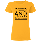 Bible Verse Ladies' 5.3 oz. T-Shirt - "Psalm 119:105" Design 14 (Black Font) - Meditate Healing Christian Store