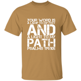 Bible Verse Men 5.3 oz. T-Shirt - "Psalm 119:105" Design 7 (White Font) - Meditate Healing Christian Store