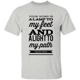 Bible Verse Men 5.3 oz. T-Shirt - "Psalm 119:105" Design 15 (Black Font) - Meditate Healing Christian Store