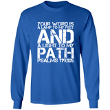 Bible Verse Long Shirt Ultra Cotton T-Shirt - "Psalm 119:105" Design 7 (White Font) - Meditate Healing Christian Store