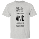 Bible Verse Men 5.3 oz. T-Shirt - "Psalm 119:105" Design 19 (Black Font) - Meditate Healing Christian Store