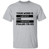 Bible Verse Men 5.3 oz. T-Shirt - "Psalm 119:105" Design 21 (Black Font) - Meditate Healing Christian Store