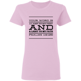 Bible Verse Ladies' 5.3 oz. T-Shirt - "Psalm 119:105" Design 11 (Black Font) - Meditate Healing Christian Store