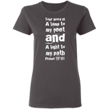 Bible Verse Ladies' 5.3 oz. T-Shirt - "Psalm 119:105" Design 6 (White Font) - Meditate Healing Christian Store