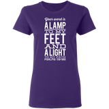 Bible Verse Ladies' 5.3 oz. T-Shirt - "Psalm 119:105" Design 4 (White Font) - Meditate Healing Christian Store