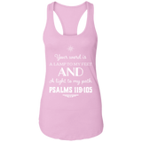 Bible Verse Ladies Ideal Racerback Tank - "Psalm 119:105" Design 5 (White Font) - Meditate Healing Christian Store