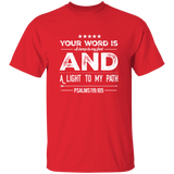 Bible Verse Men 5.3 oz. T-Shirt - "Psalm 119:105" Design 16 (White Font) - Meditate Healing Christian Store