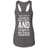 Bible Verse Ladies Ideal Racerback Tank - "Psalm 119:105" Design 3 (White Font) - Meditate Healing Christian Store